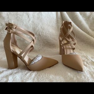 *NEW* Double Strap Crisscross Block Heels - Nude 5.5